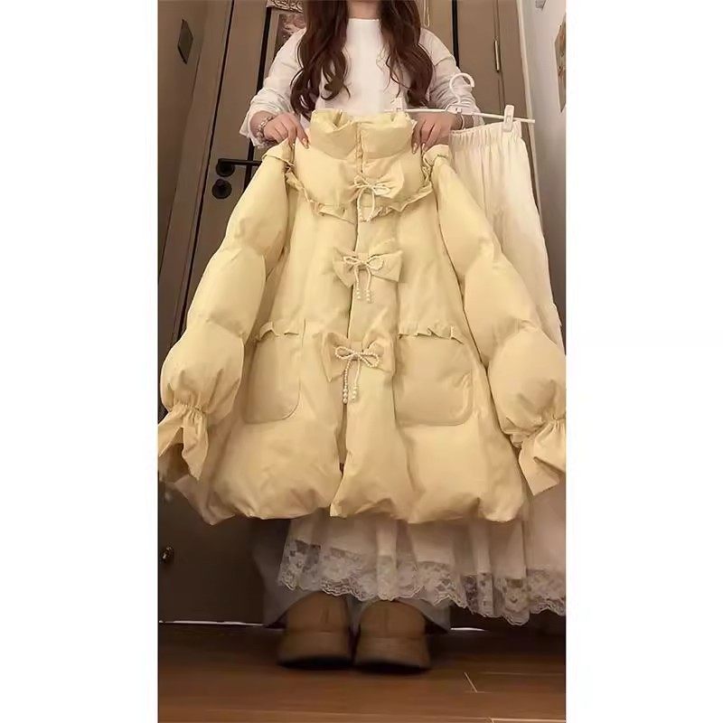 蝴蝶结珍珠花苞棉服女外套冬季