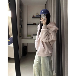 双面穿冬季加绒厚外套甜美粉色毛茸茸宽松慵懒风减龄棉衣百搭上衣