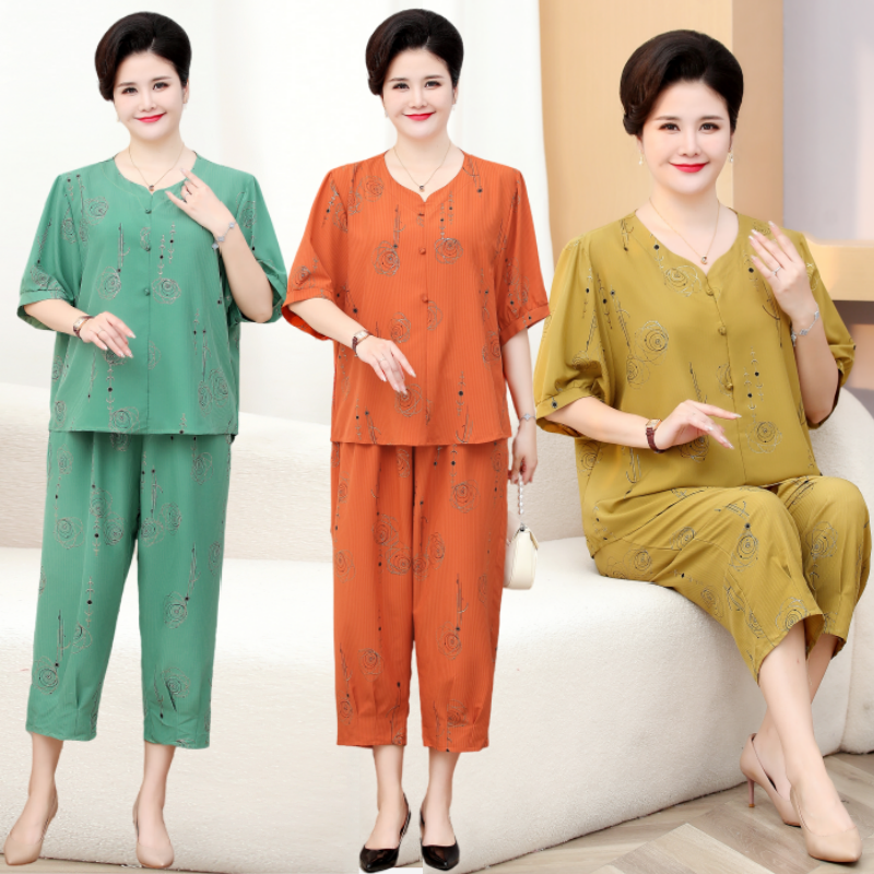 妈妈夏装洋气套装中老年人气质棉麻两件套新款中年女夏季短袖T恤,女装/女士精品,大码套装,淘宝优惠券,粉丝福利购,淘宝优惠卷