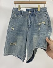 破洞直筒牛仔五分裤女夏季新款韩版高腰宽松小众A字短裤阔腿中裤