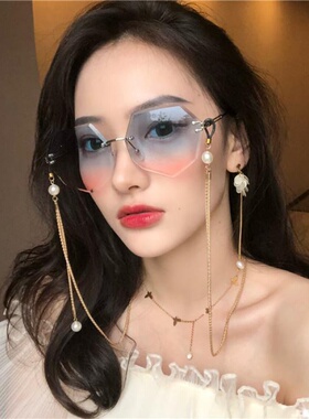 多边形切边链条眼镜海洋色复古原宿遮阳墨镜女ins眼镜韩版太阳镜