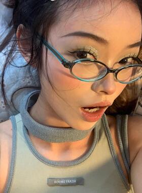 复古小框椭圆渐变蓝绿色眼镜架素颜平光眼镜可配度数近视凹造型女