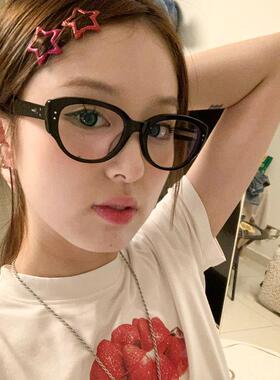 复古猫黑框蓝NUL女菱镜形脸小框防光平光猫眼型镜早八素颜神眼器