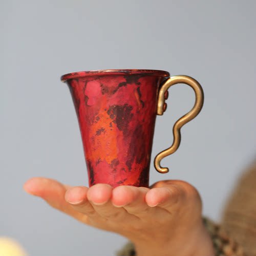 紫铜喇叭口杯金蛇衔古望月杯