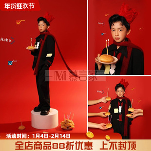 新年高定黑色复古西装礼服套装男童生日主题拍照影楼模卡写真