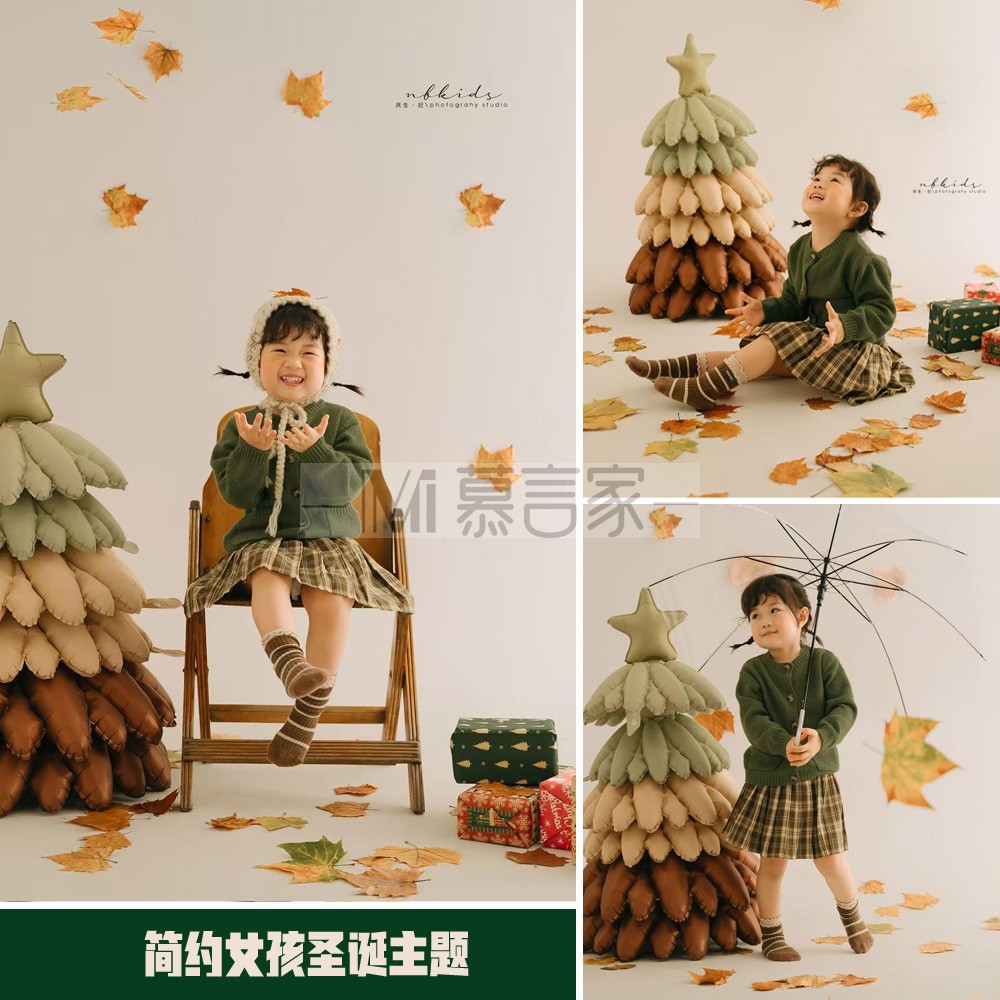 秋冬季儿童摄影服装绿色圣诞主题女童针织毛衣套装影楼简约写真