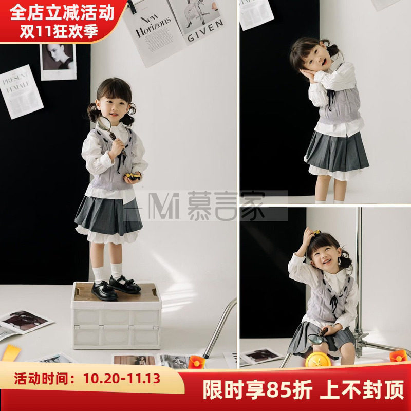 灰色系学院风制服套装儿童摄影服装女童影楼文艺拍照马甲三件套