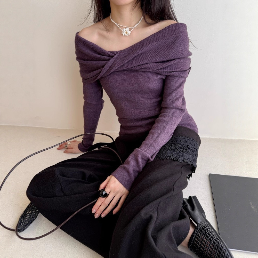 DIGM广州十三行女装2025秋冬极简风纽结一字肩针织衫毛衣女A88003