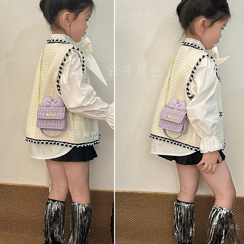 新款儿童包包秋冬小香风女童斜挎包格纹蝴蝶结可爱女孩宝宝零钱包