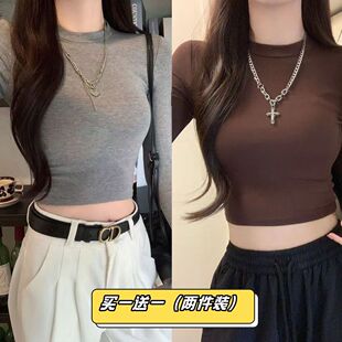 辣妹短款长袖T恤女款内搭修身紧身显瘦高腰露脐打底上衣女多巴胺