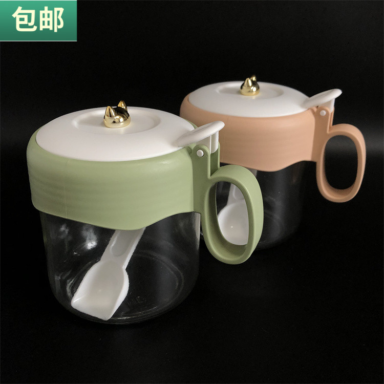 包邮 玻璃调味盒厨房盐罐调料盒佐料罐玻璃瓶家用调味罐子带勺子