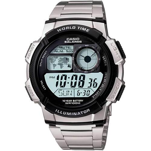 CASIO卡西欧男士数字手表世界时银不锈钢手镯AE 1000WD 1A