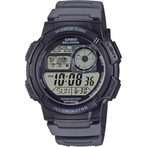 CASIO卡西欧中性手表世界时数字的表盘灰树脂表带闹钟AE1000W 8AV