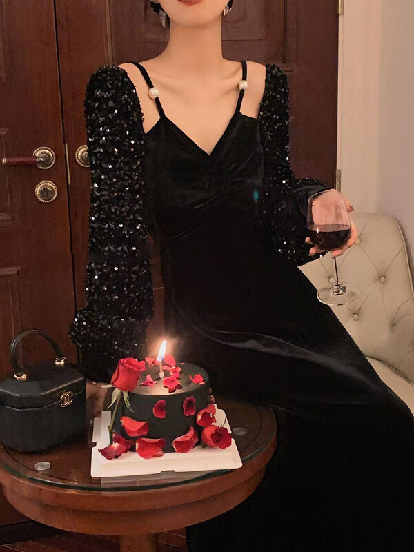 法式金丝绒吊带连衣裙