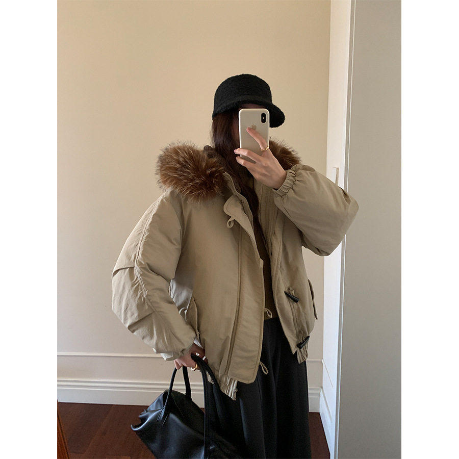 韩系加厚连帽大毛领棉服外套女冬季保暖牛角扣棉袄大衣541137