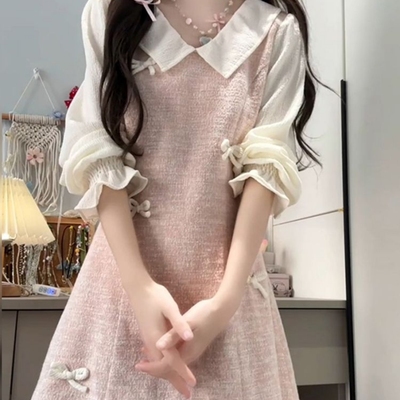 小个子绝美粉色连衣裙子女初秋季2025新爆款假两件miu系穿搭短裙