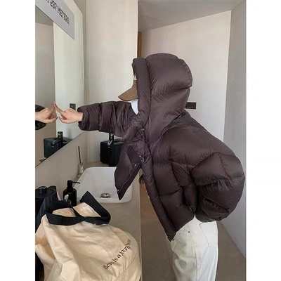 泡芙短款羽绒服女2025冬季新款美式肯豆面包服hello咖色连帽外套