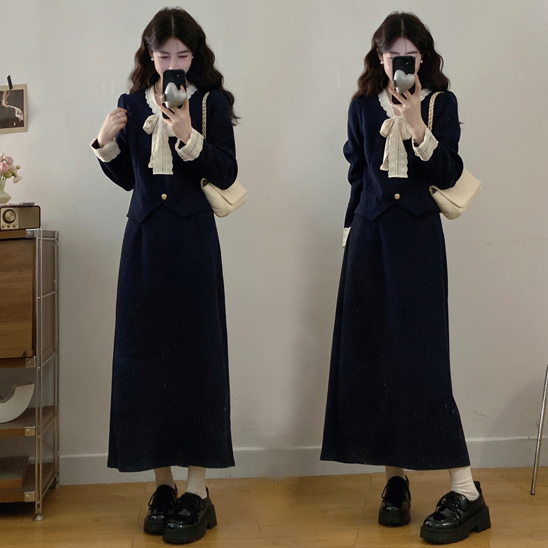 实拍~大码女装冬季新款小香风蝴蝶结设计收腰外套+半身裙两件套