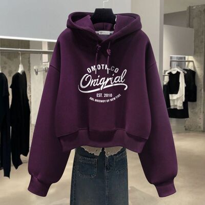 连帽卫衣女宽松加绒2025新款秋冬薄款美式字母带帽外套短款