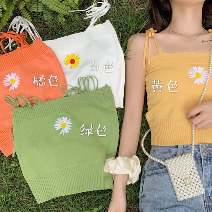 青春感少女刺绣内搭紧身露脐吊带女夏季辣妹打底无袖背心上衣设计