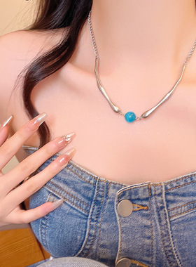 搜搜韩系时尚气质金属感锁骨链仿玛瑙石吊坠项链女网红同款颈