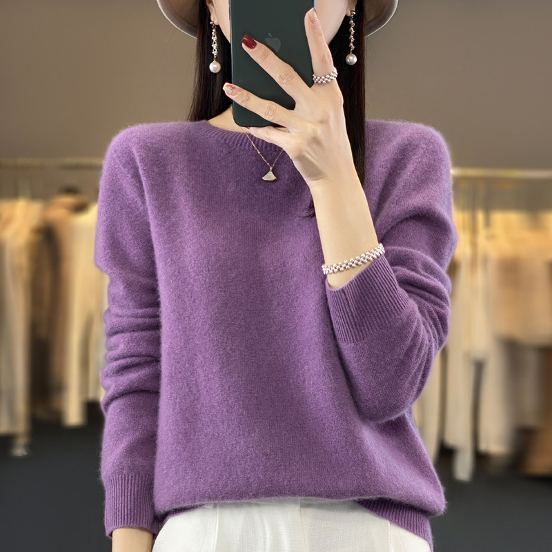 清河鲁河奢华质感澳洲羊毛衫女圆领一线成衣套头打底毛衣针织衫外