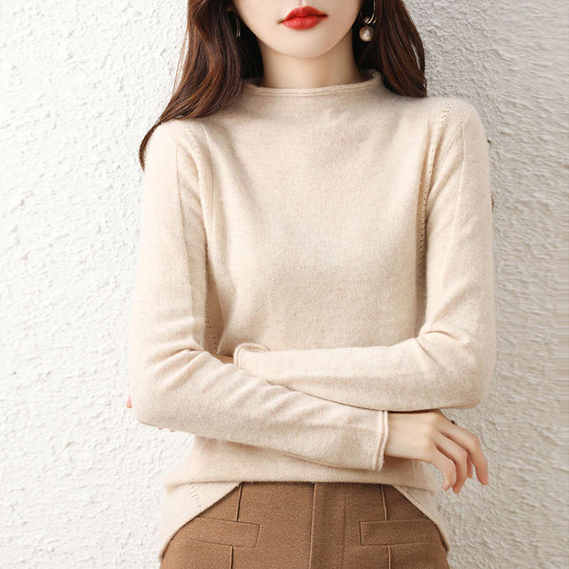 清河恒旺优雅气质半高领卷边针织衫简约百搭显瘦长袖毛衣温暖单品