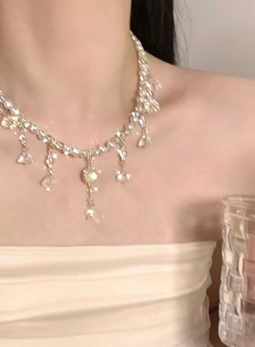 搜搜轻奢小众气质名媛水晶流苏项链女百搭气质超闪锆石锁骨链网