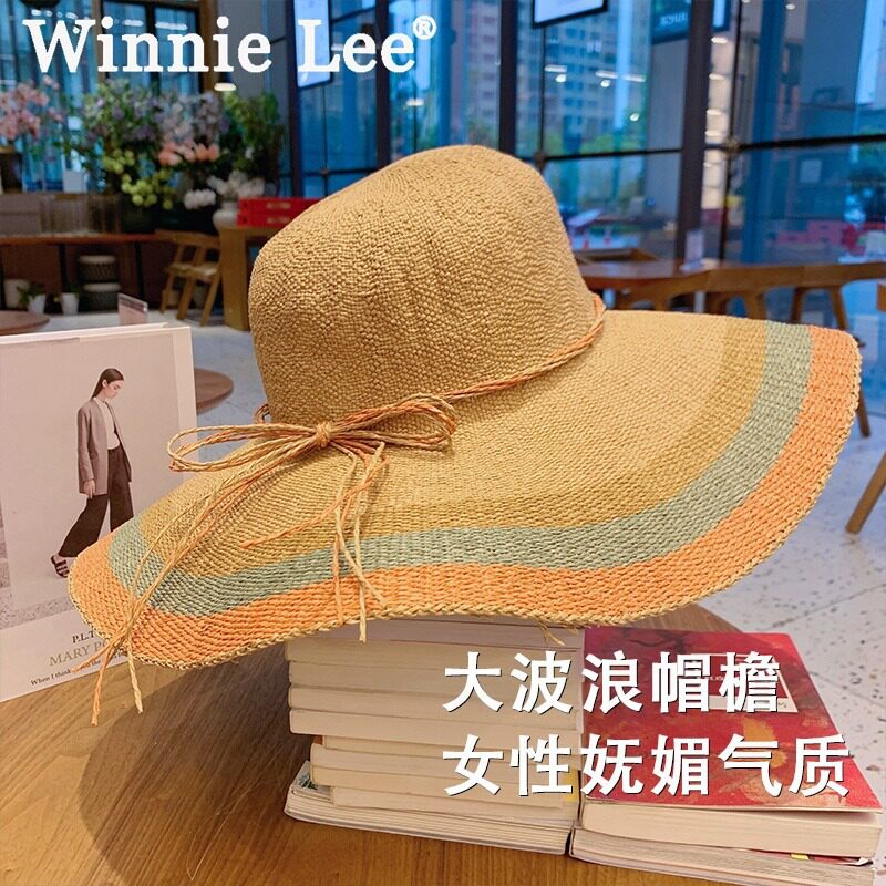 芭比微粒草帽女韩版系带草编帽夏复古出游防晒帽子沙滩太阳帽
