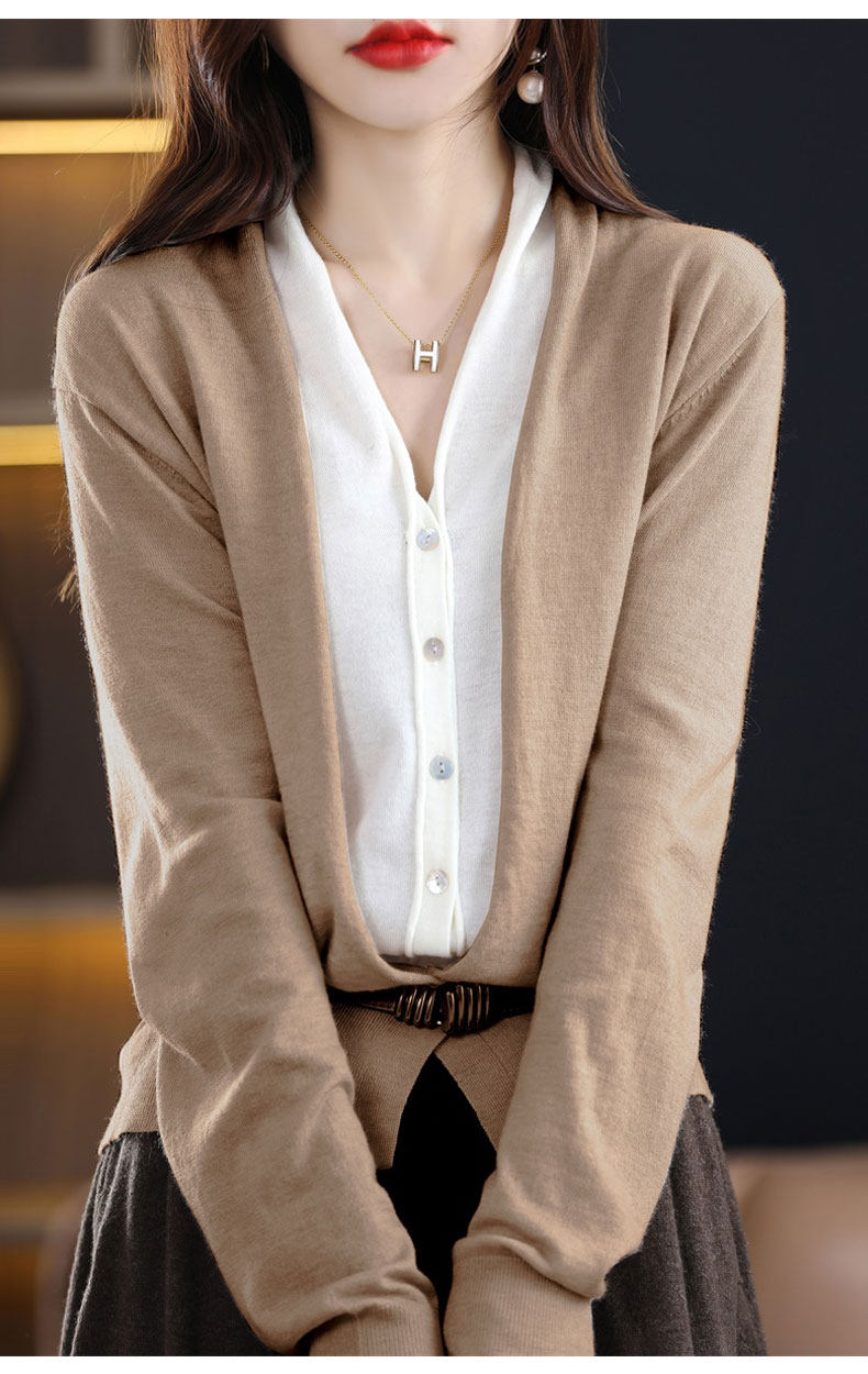 清河暖烁羊绒假两件纯羊毛开衫女装毛衣拼色百搭外套针织上衣羊绒