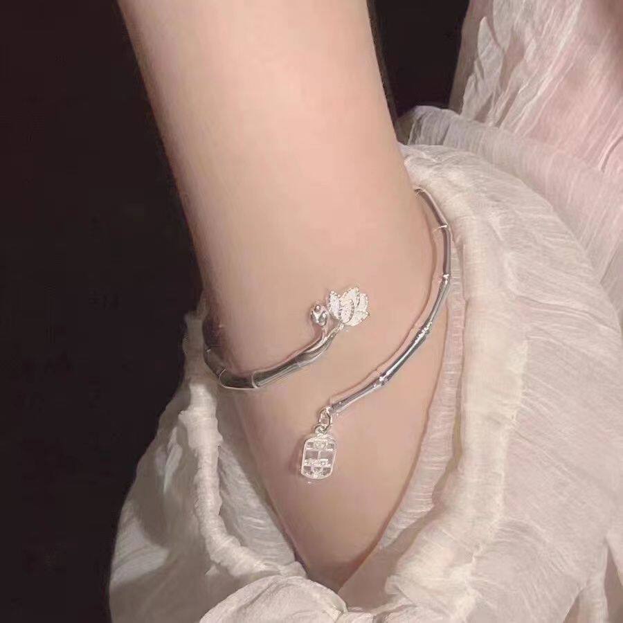 搜搜竹节手镯女报平安吊坠步步生莲开口个性高级感百搭闺蜜手链