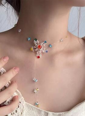 【芭比爱璃多巴胺少女水晶花朵项链串珠流苏choker颈链