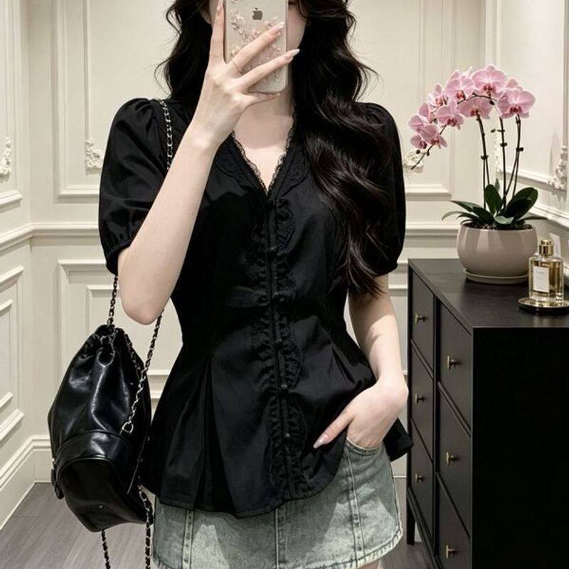 芭比赋服装韩系甜美蕾丝拼接领短袖衬衫夏季新款收腰减龄时尚大码
