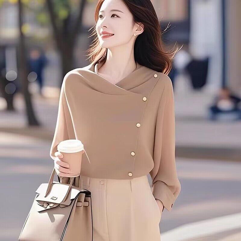 搜搜小香风卡其色荡领针织衫女早春薄款小众独特别致宽松休闲漂亮