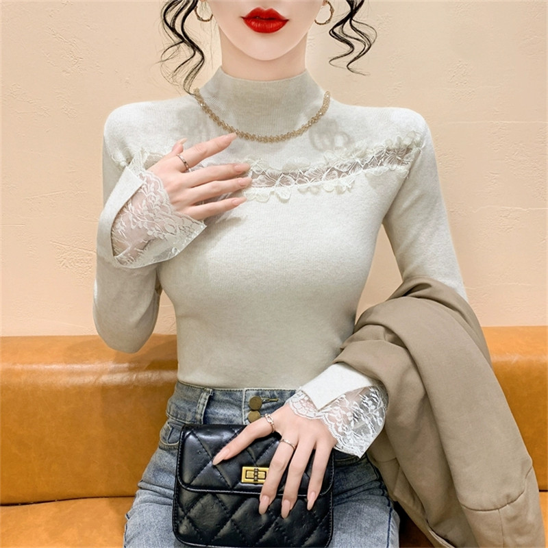 搜搜韩版秋冬新款蕾丝拼接半高领针织衫女长袖修身打底衫毛衣