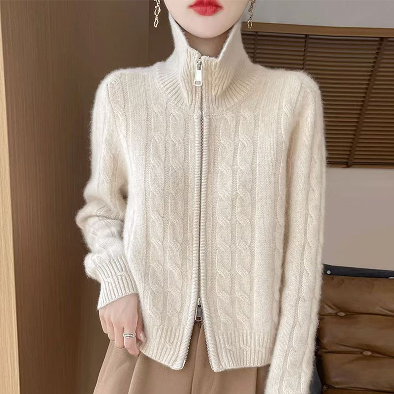 清河萱芳2025年秋季新款女士百搭拉链麻花针织开衫