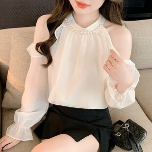 芭比碣石法式珍珠挂脖露肩雪纺衫女喇叭长袖宽松洋气减龄甜美小衫