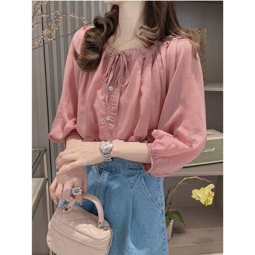 芭比新馨法式小众七分袖雪纺衬衫女夏季新款设计感洋气时尚泡泡袖