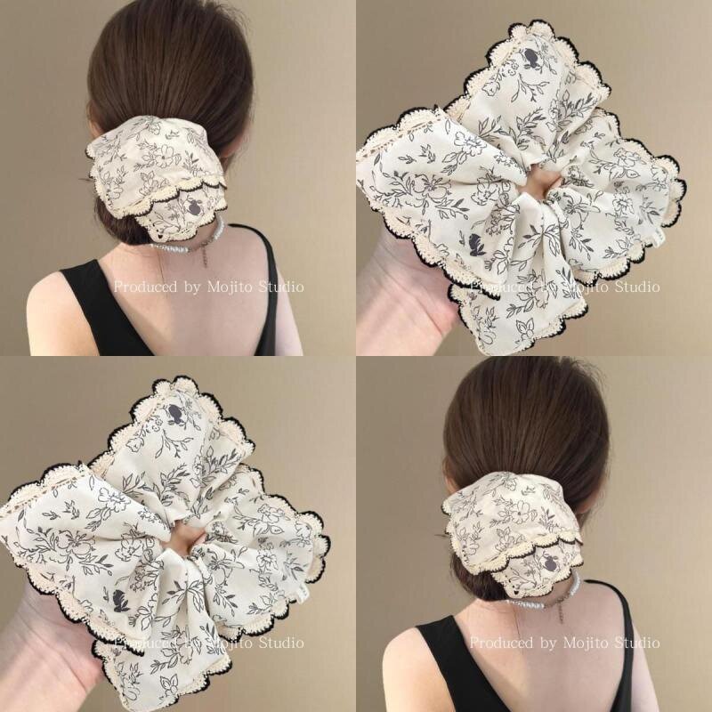 搜搜小众蕾丝花边碎花方巾大肠发圈女方形侧低马尾发绳扎头发