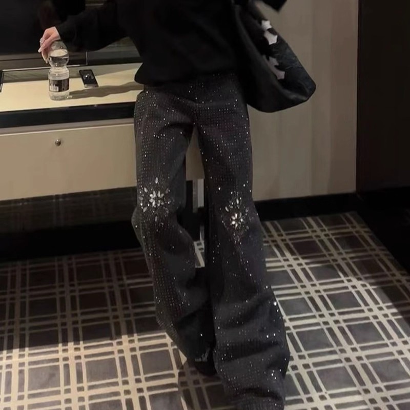 设计感满钻牛仔裤女黑色高腰宽松阔腿长裤直筒显瘦