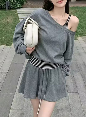 韩系学院风休闲套装女秋季2026超火减龄露肩短袖T恤半身裙两件套