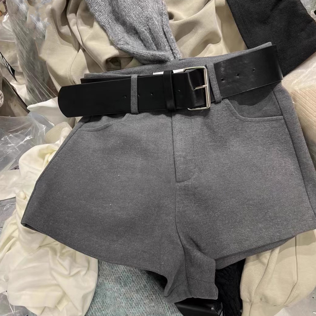 配皮带高腰灰色加厚呢子休闲短裤女2025冬季韩版百搭a字阔腿靴裤