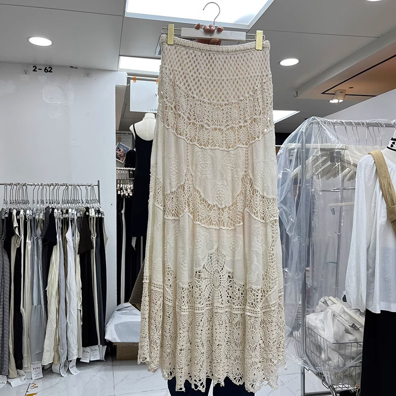 韩系重工镂空钩花蕾丝半身裙女春夏季高腰显瘦a字长裙拼接大摆裙