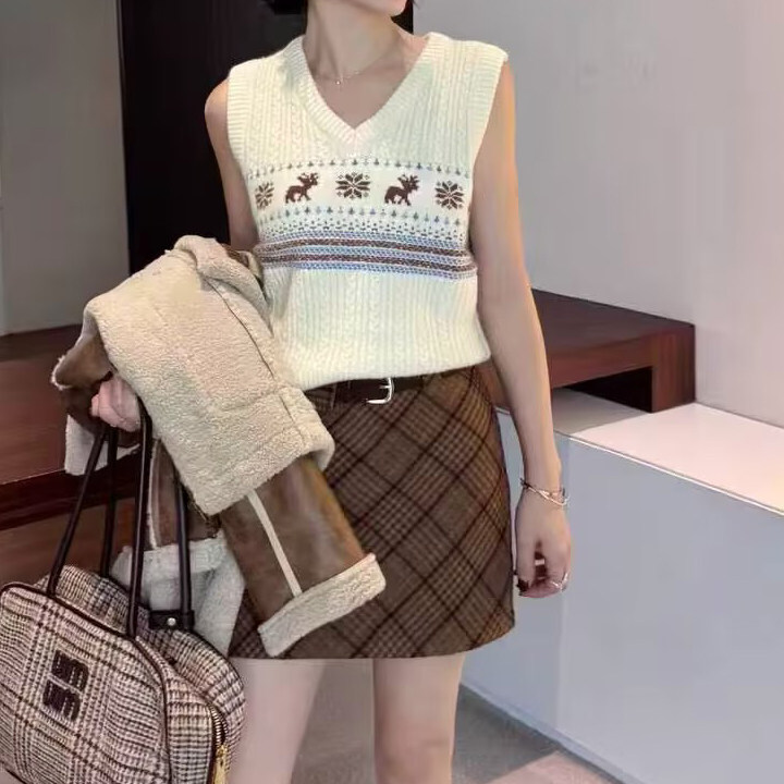 秋冬新款韩版chic高腰设计感毛呢撞色格纹半身裙时尚百搭a字短裙