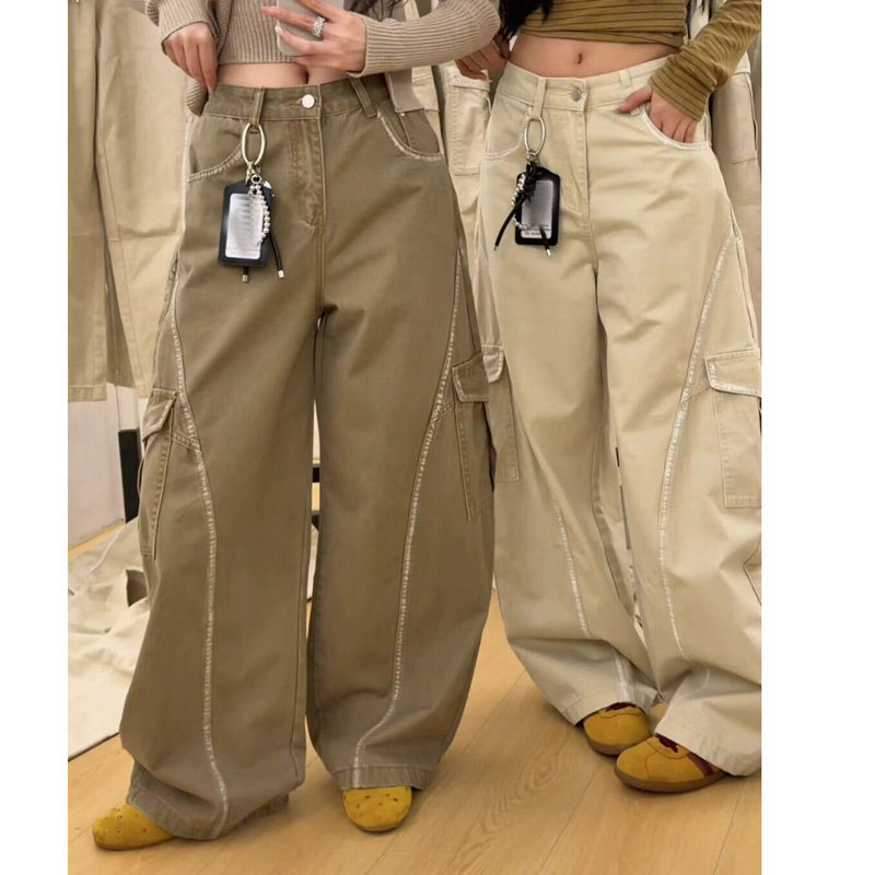 美式复古工装风弯刀牛仔裤女高腰阔腿裤大口袋宽松长裤,女装/女士精品,牛仔裤,淘宝优惠券,粉丝福利购,淘宝优惠卷