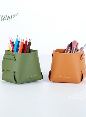 北欧ins皮革PU收纳盒桌面化妆刷收纳笔筒简约花瓶花器