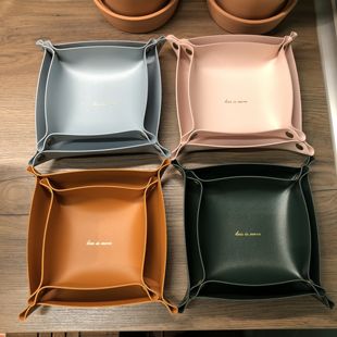 北欧ins轻奢双面皮质纯色桌面收纳托盘钥匙门厅储物盘化妆品首饰