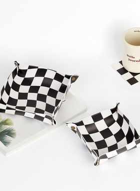 原创ins北欧皮革棋盘格黑白绿格子盘收纳盘盒样板间玄关钥匙桌面