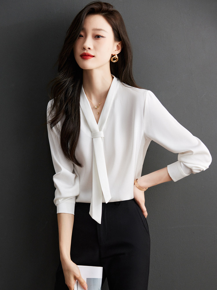 白色衬衫女春秋2023新款时尚洋气职业装高档v领女士上衣ol白衬衣