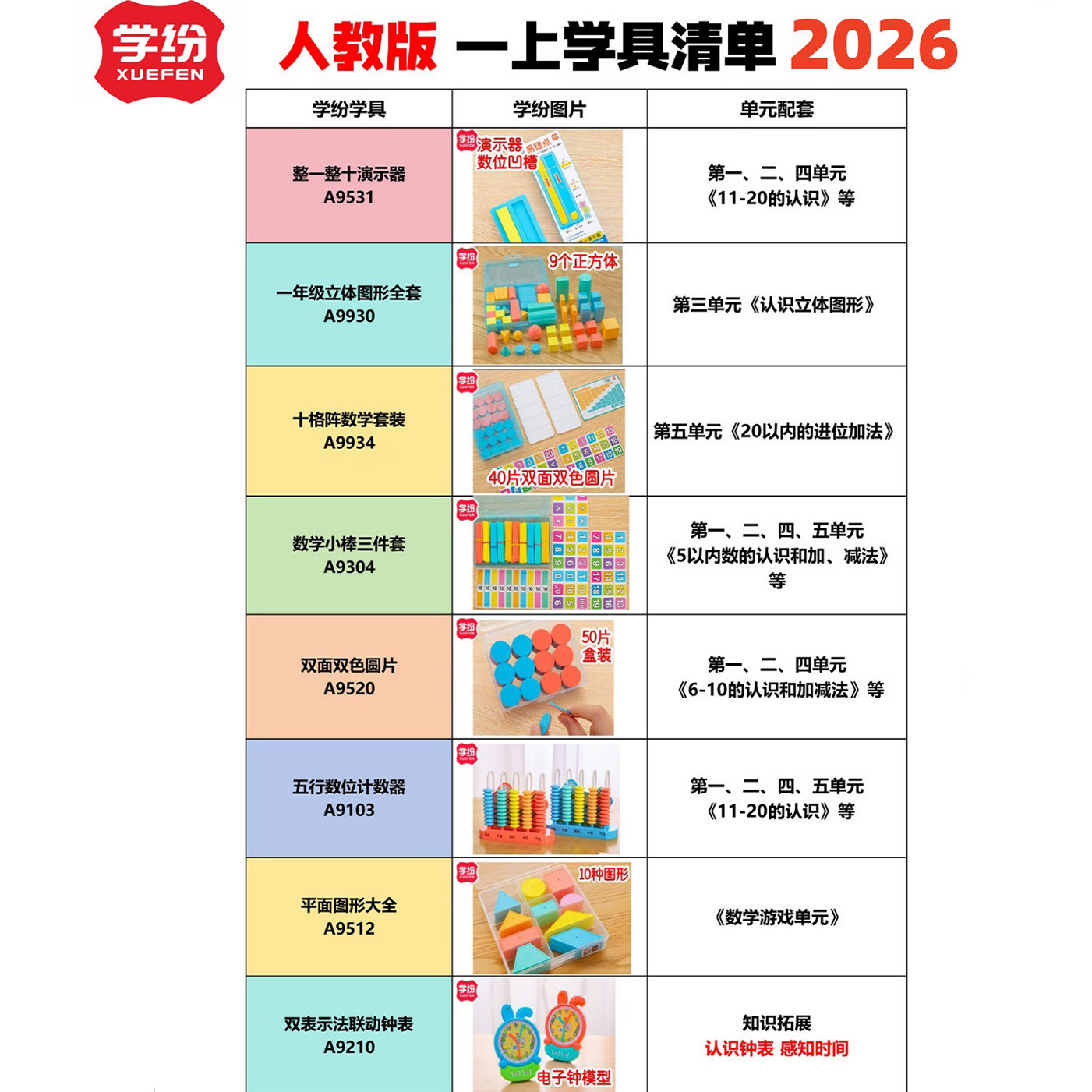 学纷2026新版一年级上册数学教具
